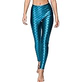 Wildarms Women's Mermaid Scale Leggings - Shiny Green Fish Print Stretch Costume for Halloween,Cosplay,Christmas Outfit