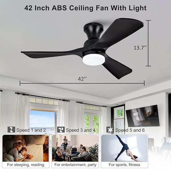 OMYU 42 INCH CEILING FANS WITH LIGHTS AND REMOTE CONTROL, LOW PROFILE CEILING FAN WITH LIGHT, DIMMABLE, QUIET DC MOTOR, FLUSH MOUNT, BLACK CEILING FAN FOR INDOOR OUTDOOR BEDROOM PATIO (ABS BLADES)