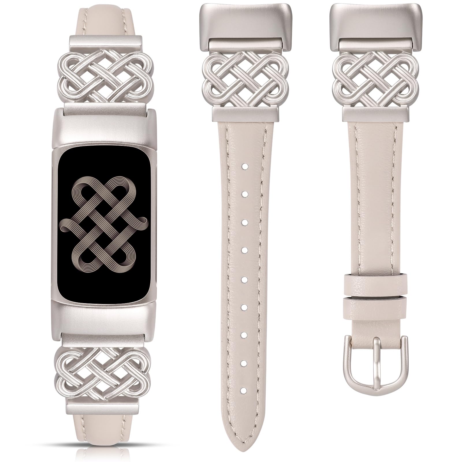 TOYOUTHS Celtic Knot Leather Band Compatible with Fitbit Charge 6/Fitbit Charge 5 Band Women, Slim Dressy Thin Designer Premium Leather Strap with Interlock Buckle for Fitbit Charge 6/5 Smartwatch