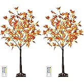 2 Pack 4FT 60LED Lighted Maple Tree - Fall Thanksgiving Decor Artificial Tree with 6 Acorns 120 Leaves, Remote 8 Flashing Modes, Timing, DC 5V Safe for for Indoor Outdoor Harvest Decor