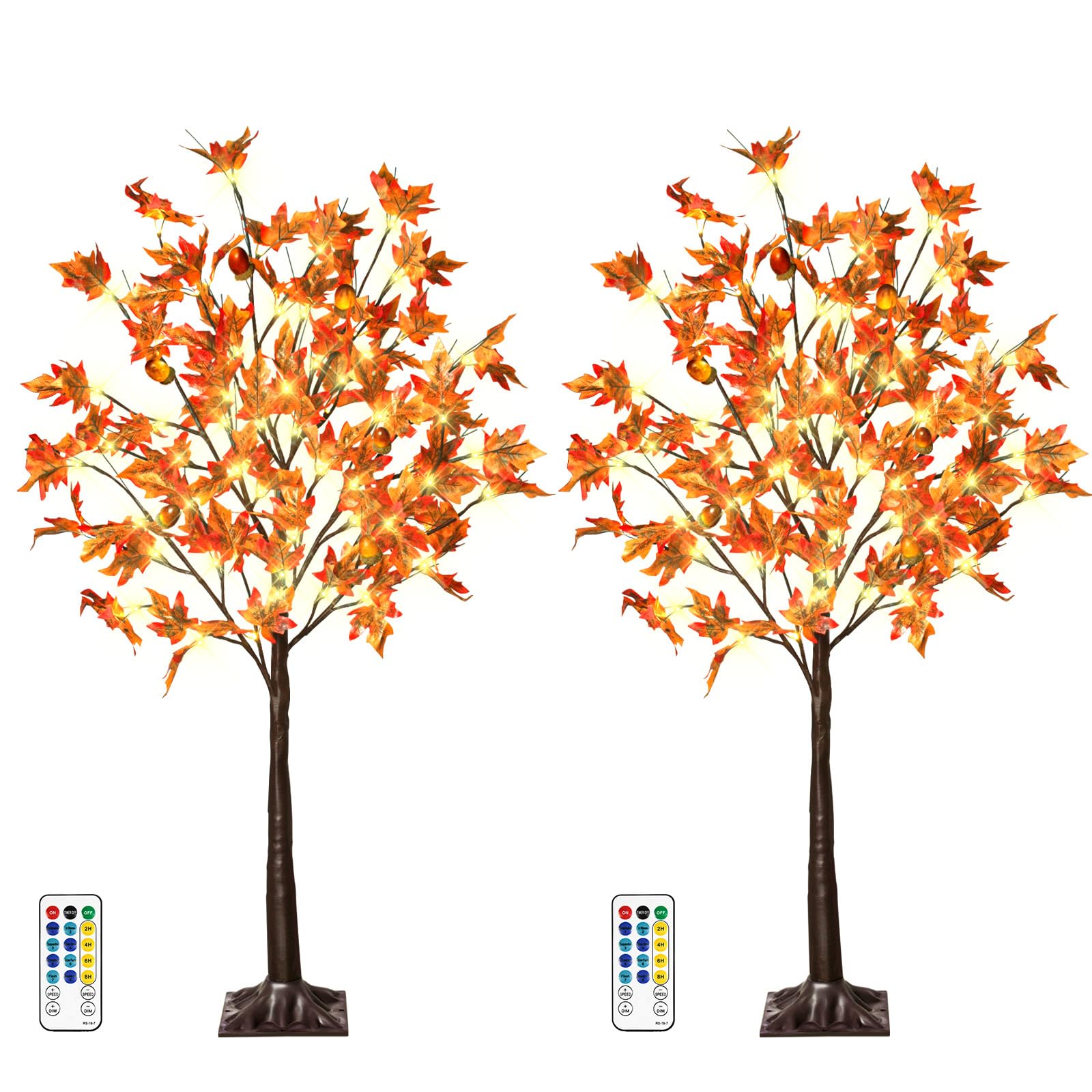 Photo 1 of 2 Pack 4FT 60LED Lighted Maple Tree - Fall Thanksgiving Decor Artificial Tree with 6 Acorns 120 Leaves, Remote 8 Flashing Modes, Timing, DC 5V Safe for for Indoor Outdoor Harvest Decor