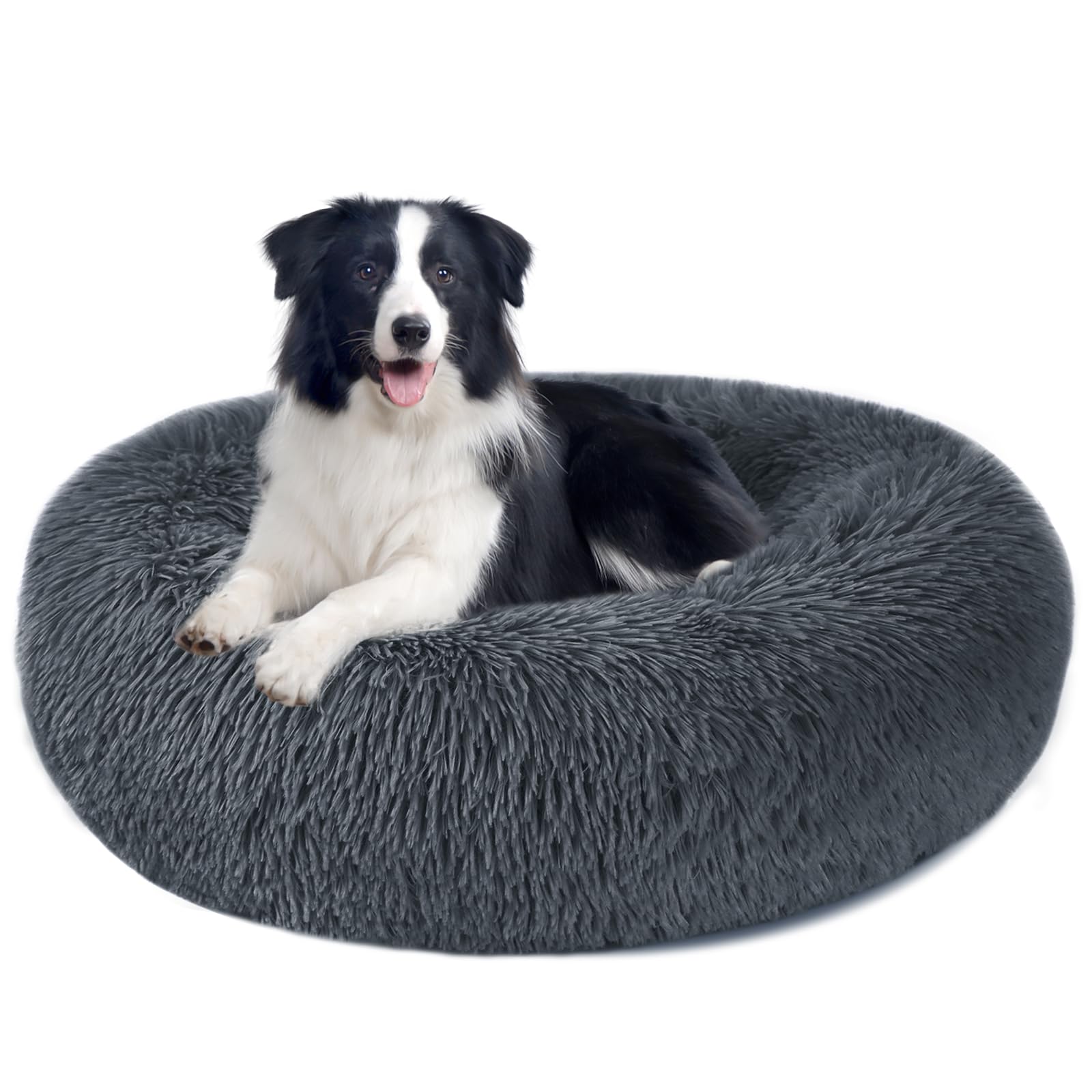 Nepfaivy Calming Dog Cat Donut Bed - 27.5in Fluffy Plush Puppy Kitten Cuddler Round Bed, Warm and Soft Pet Cosy Anti Anxiety Beds with Non-Slip Bottom and Washable(XL-70CM, Dark Grey)