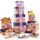 Broadway Basketeers Snack Food Gift Basket Tower &amp; Care Package For Women | Tiered tower of snacks and sweets for get well soon, birthday, thank you, and corporate gift baskets. Kosher.