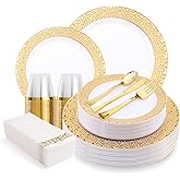VajilaPhil 350-Piece Gold Hollow Plastic Dinnerware Set for 50 Guests, Disposable Dinnerware for Party, Wedding. Includes Dinner Plates, Dessert Plates, Gold Silverware, Napkins, Cups
