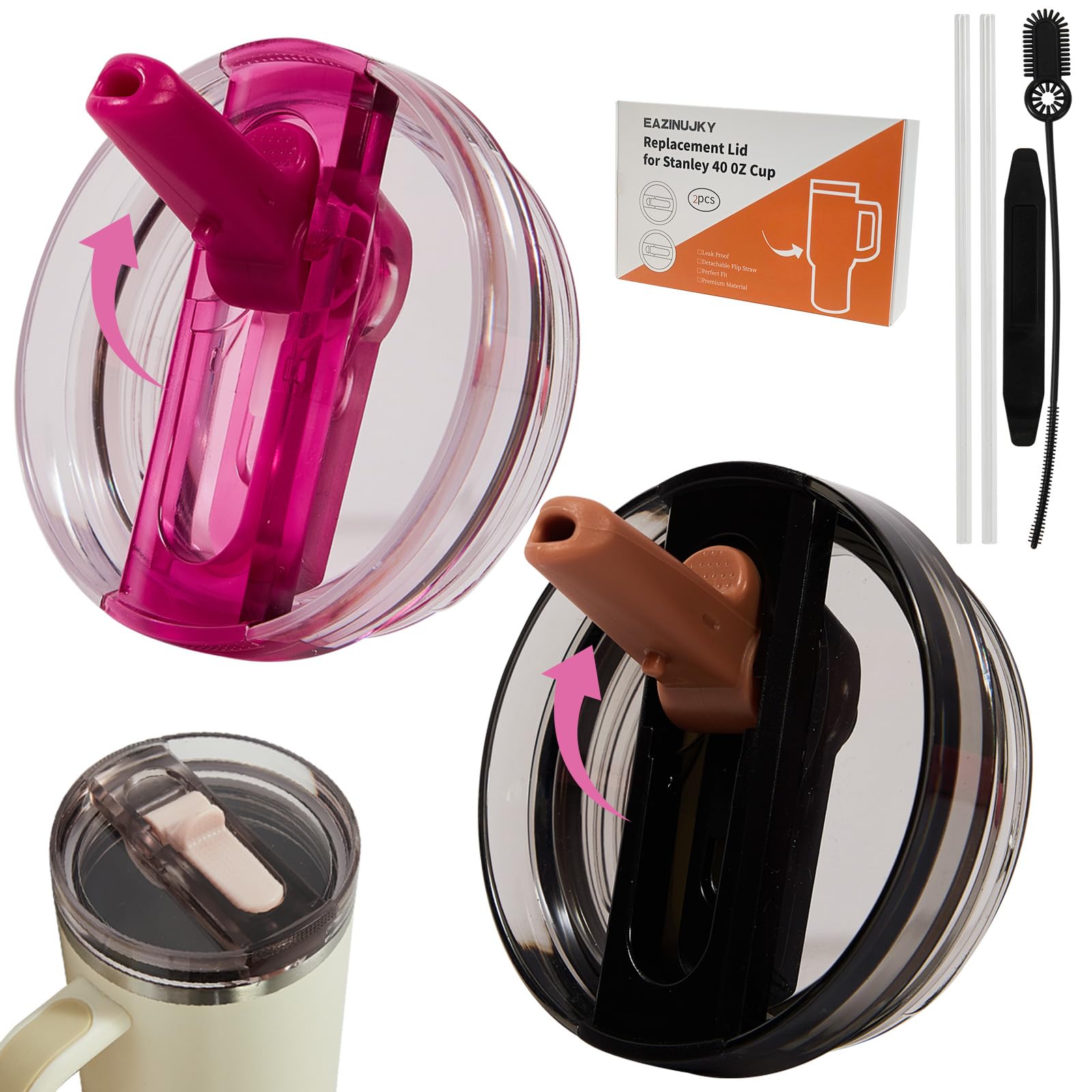 Photo 1 of 2 Pack Detachable Flip Straw Lid for 40oz Stanley Quencher and ProTour, Leak-Proof No-Spill Replacement Lids with Straws & Cleaning Kit (Desert yellow & Fuchsia)