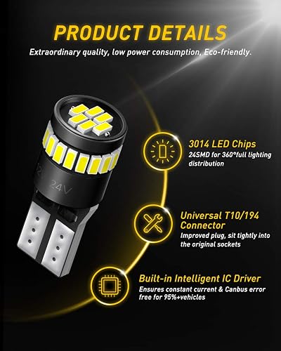 AUXITO T10 194 168 LED Bulbs – 6000K Super White, 7020 SMD, 10-Pack For License Plate, Dome, Map Lights