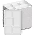 100% Compostable, 5 Compartment, Disposable Paper Plates [125-Pack] - {PFAS Free} - {BPA Certified} - [10 Inch] Heavy Duty Biodegradable Bagasse Sectional Lunch Trays + Dividers - Divided Platter Tray