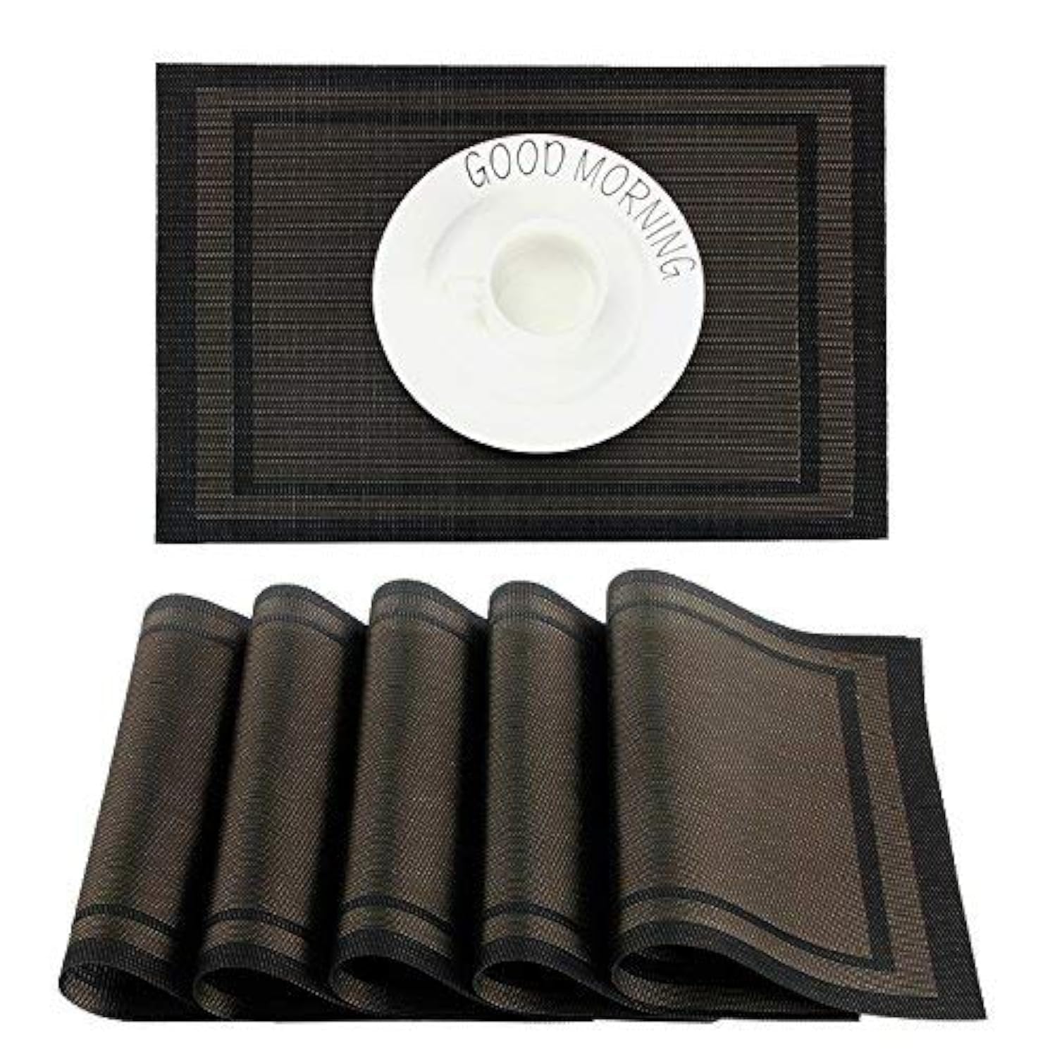 CHAOCHI Placemats set of 6,Easy to Clean Non-slip Heat Resistant Dining Table Mats,Washable Crossweave Woven Vinyl PVC Place mats,45CM x 30CM (Black+Gold)