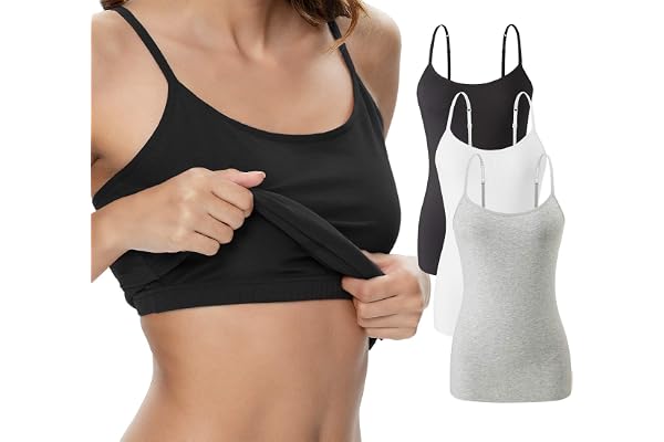 ROSYLINE Womens Camisole with Shelf Bra Cotton Undershirts Adjustable Strap Camis Spaghetti Strap Tank Top 3 Pack