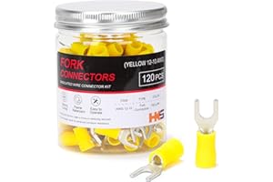 HKS 120PCS Insulated Fork Spade Wire Connectors - Yellow 12-10 AWG M5 Stud Size #10 - Tinned Red Copper - U-Type Electrical Crimp Terminals