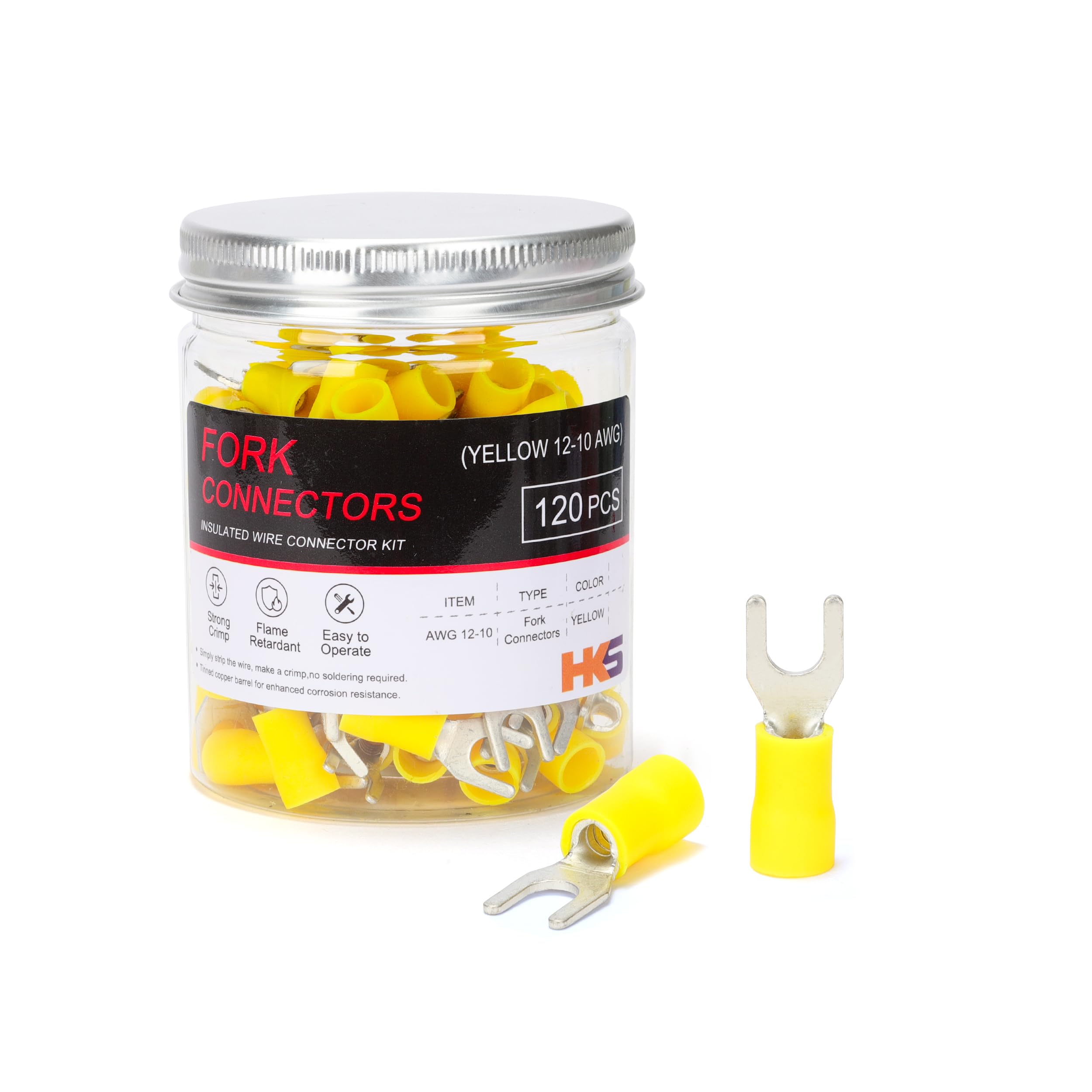 Photo 1 of HKS 120PCS Insulated Fork Spade Wire Connectors - Yellow 12-10 AWG M5 Stud Size #10 - Tinned Red Copper - U-Type Electrical Crimp Terminals
