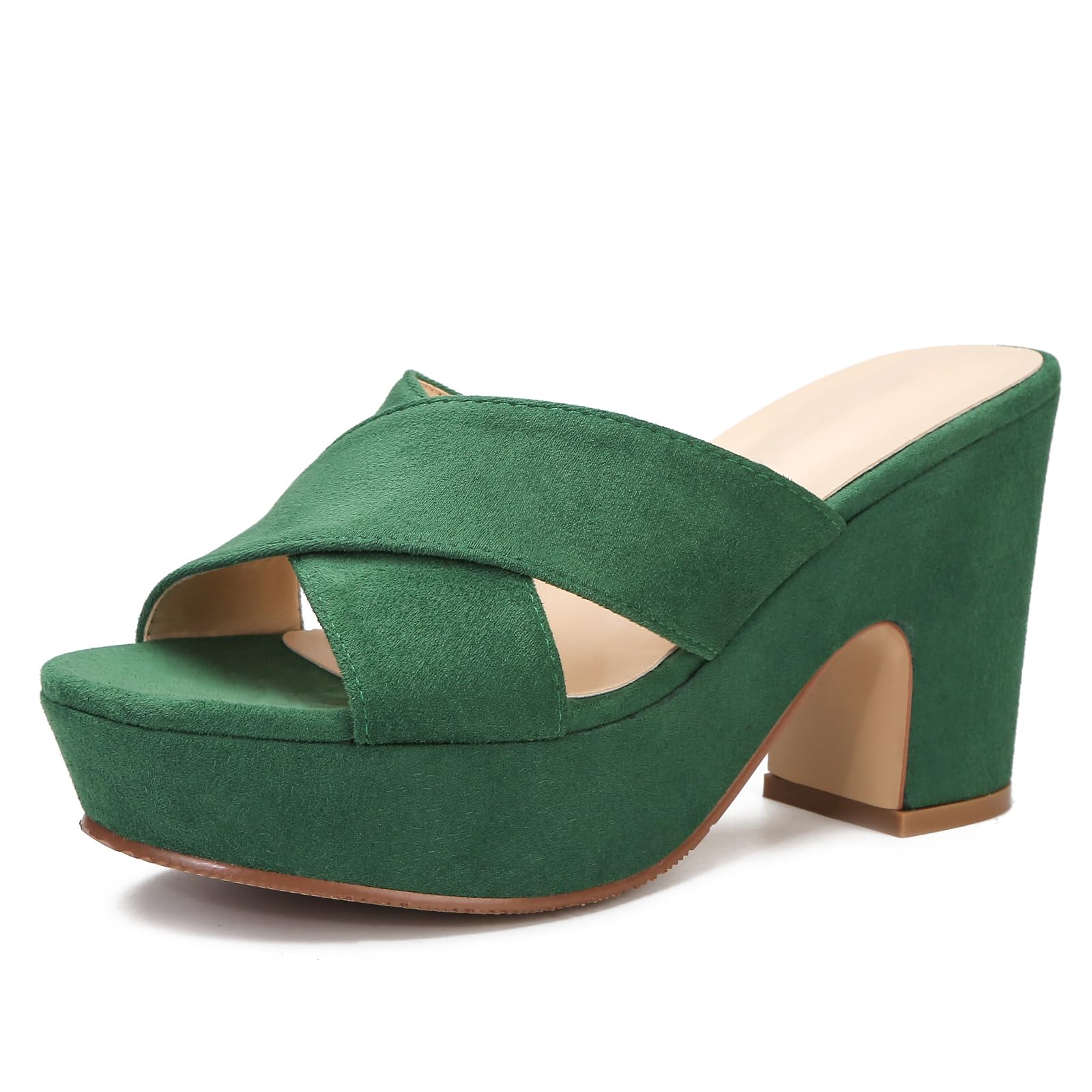 Photo 1 of sexrosly Women's Platform Sandals 3.94 Inch Wedges Heels Open Toe Slip On Chunky Heels Mules Dressy Pumps Green