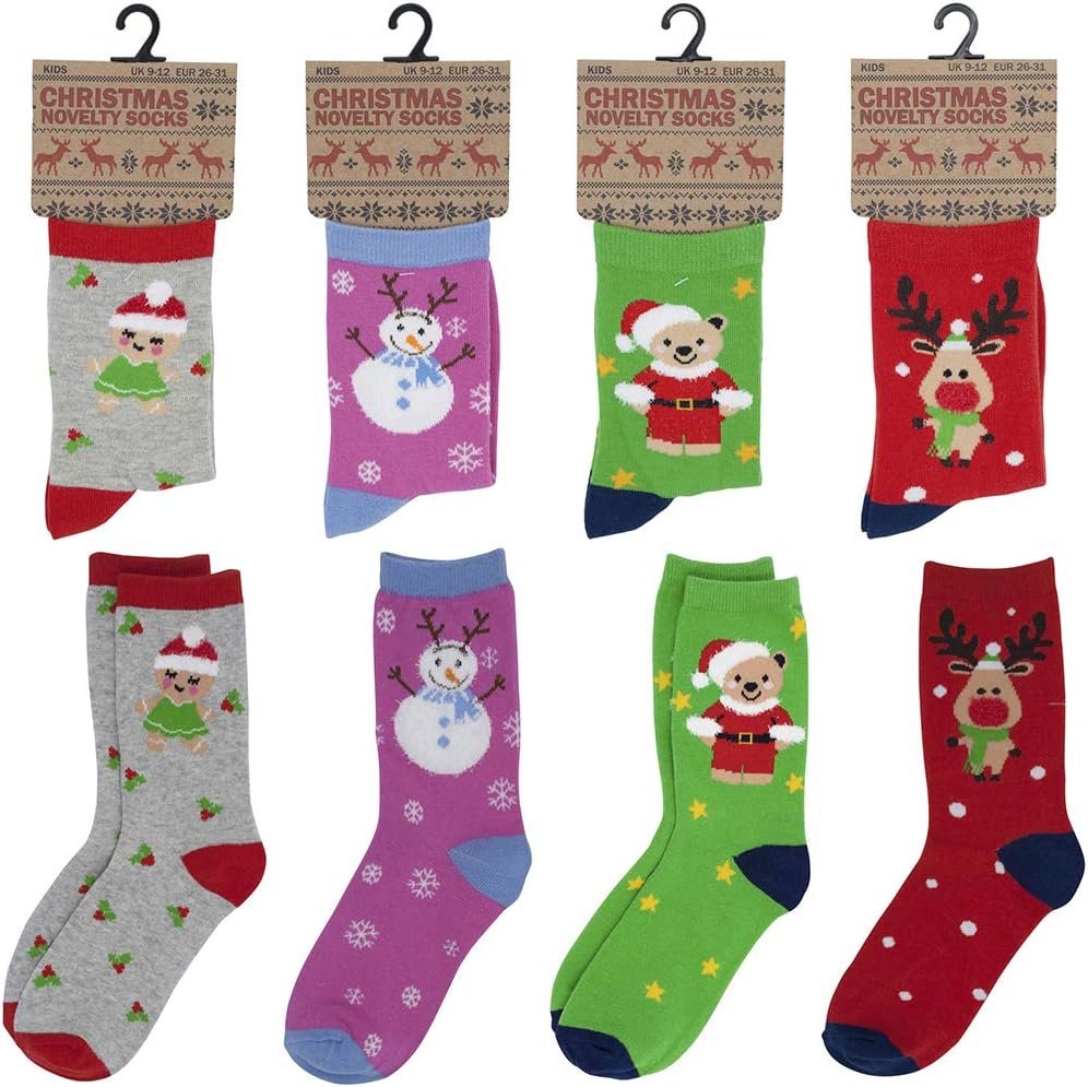 Kids/Childrens 4 Pack Colourful Fun Cotton Rich Novelty Xmas Christmas Socks 3 Size (12.5-3.5 (7-10 yrs))