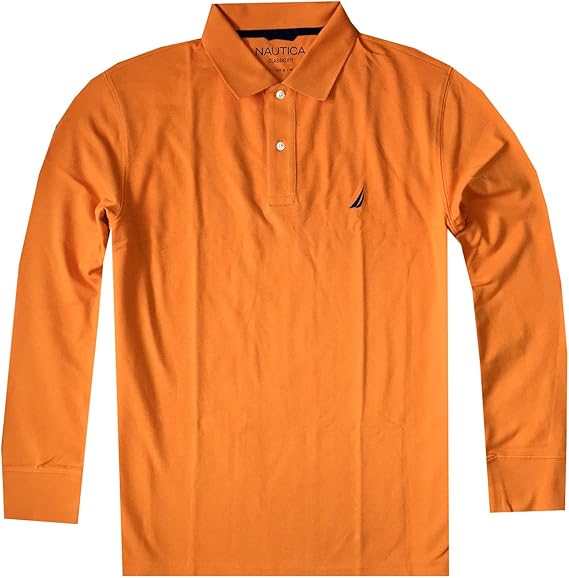 Nautica Men Classic Fit Solid Pique Long Sleeve Polo Shirt Orange