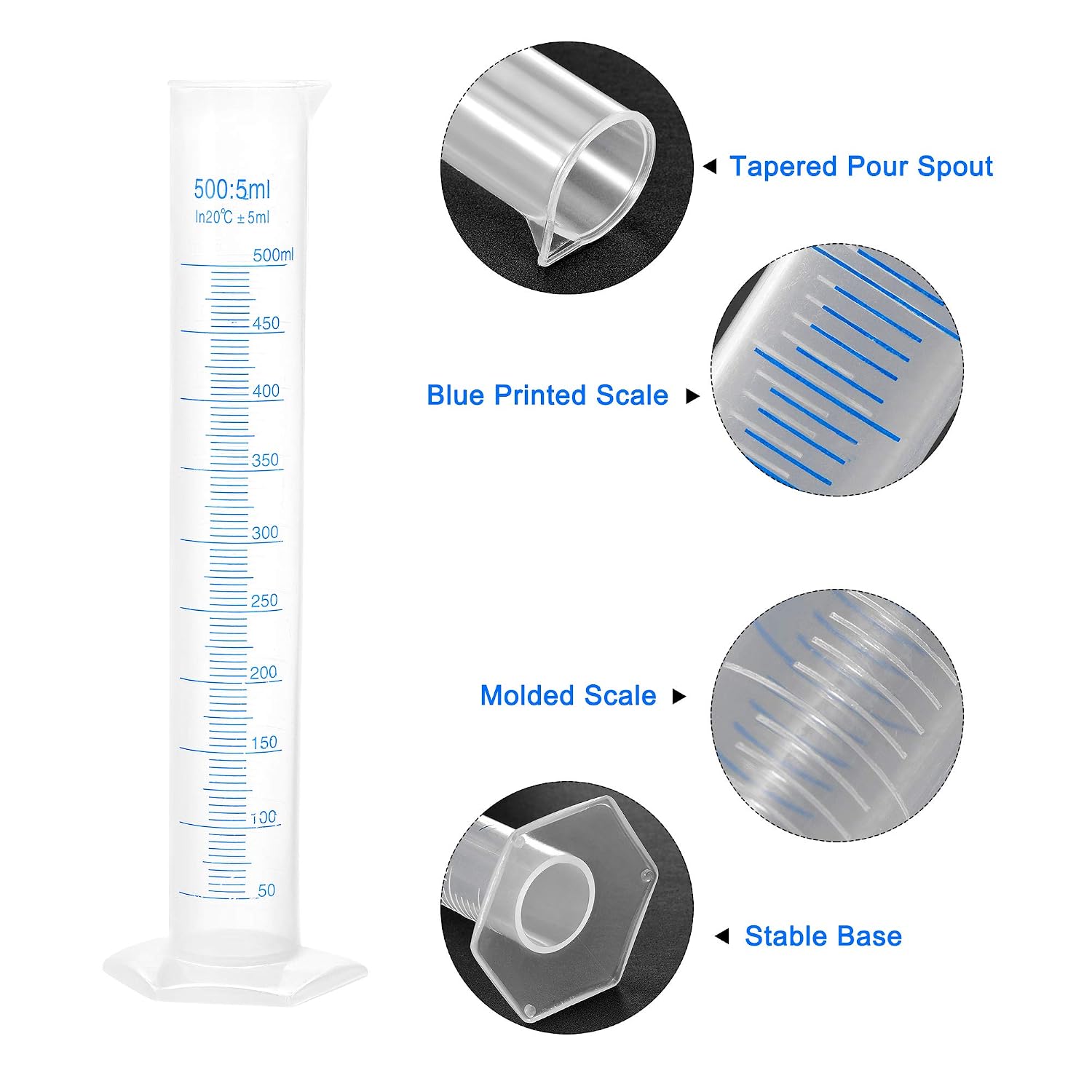 sourcing map Plastic Graduated Cylinder, 100ml 250ml 500ml Measuring Cylinder, Double-Sided Metric Marking, Clear Hex Base, 3 in 1 Set - Image 4