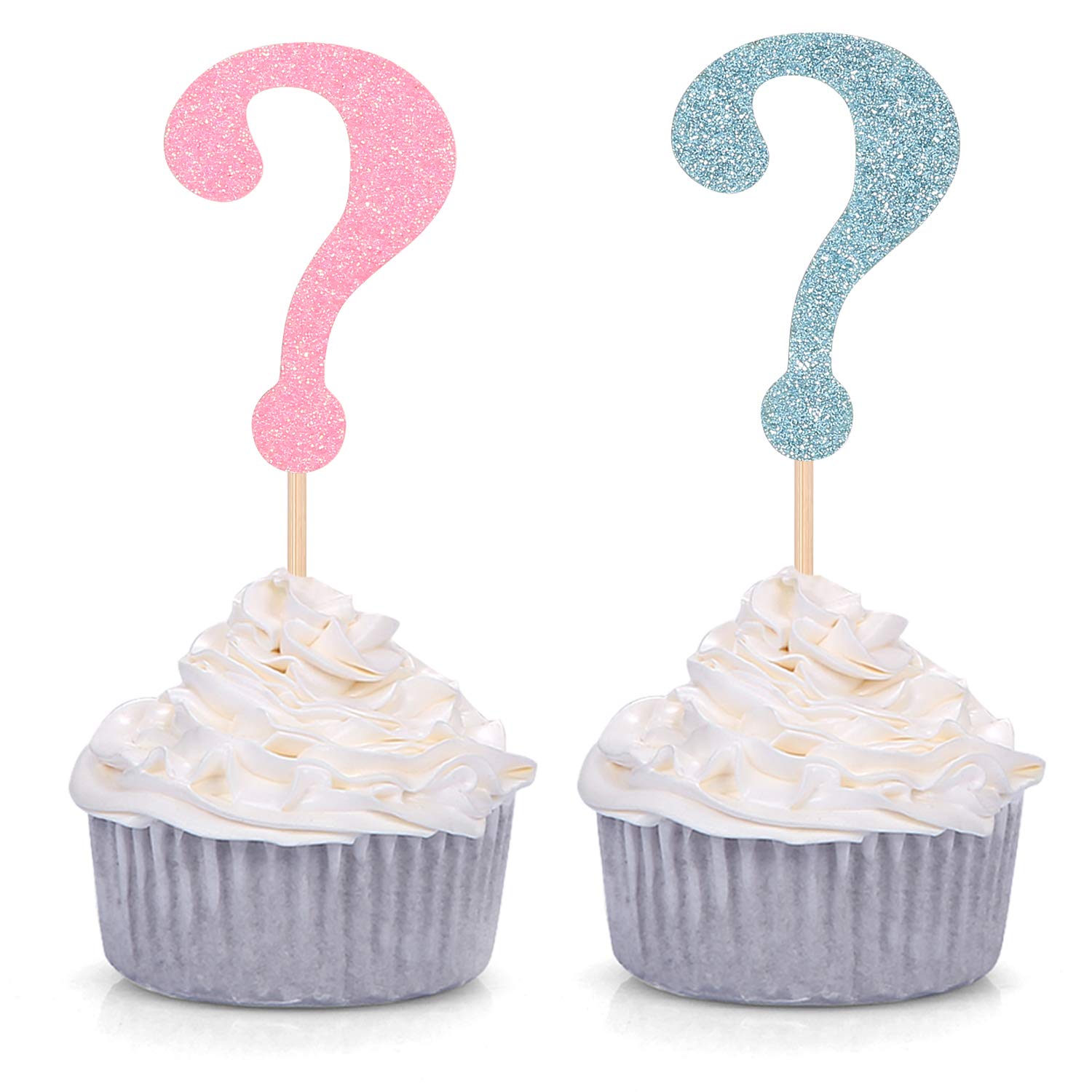 Set of 24 Glitter Question Mark Cupcake Toppers Boy or Girl Party Decoration Picks - Blue and Pink