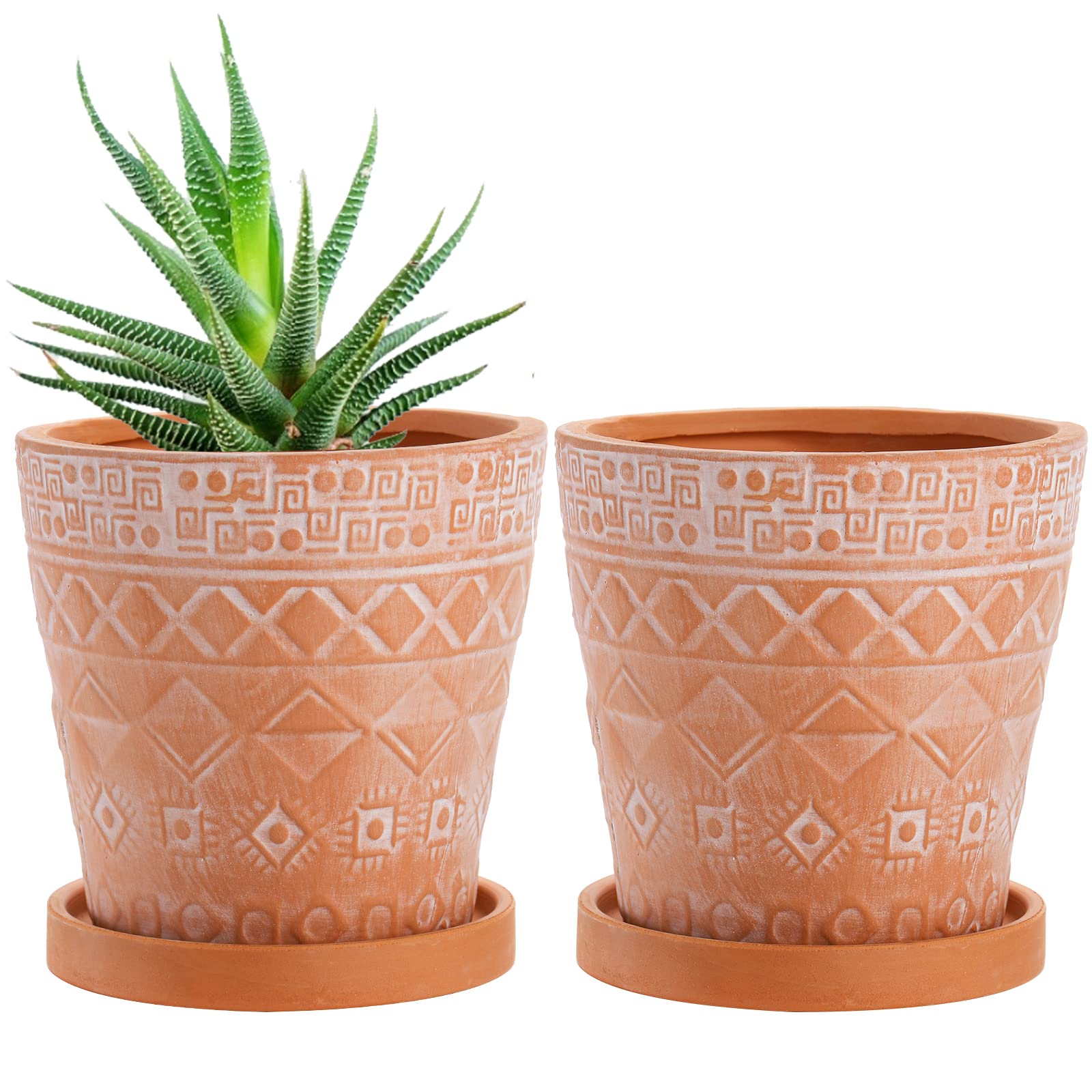 Photo 1 of Cedilis 2 Pack Terracotta Pots, 5 Inch Red Clay Planter Pots with Drainage and Saucers, Ceramic Pottery Succulent Planter, Garden Cactus Flower Planters with White Geometric Designs