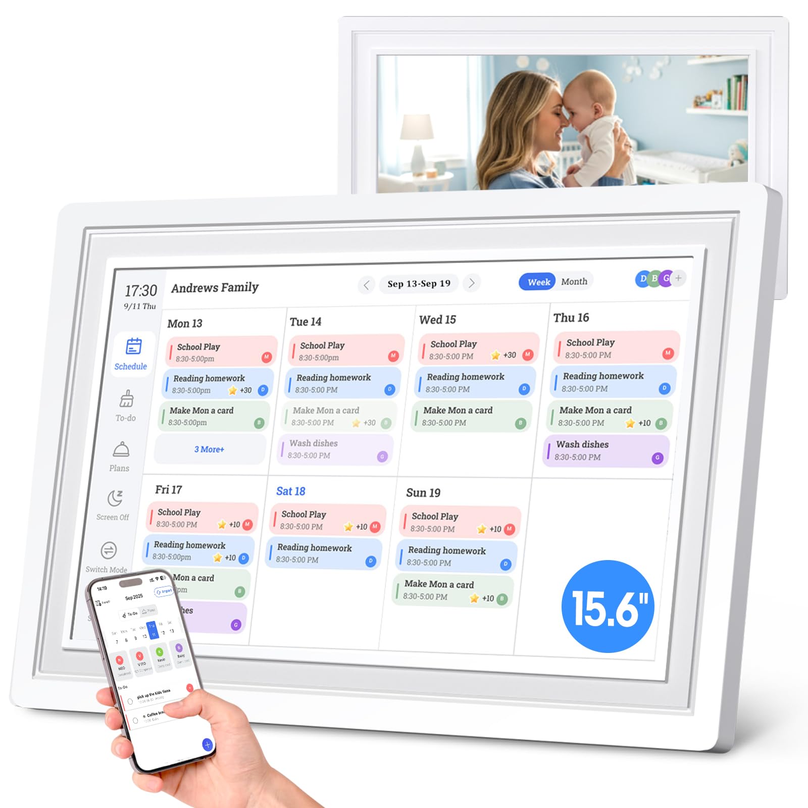 Photo 1 of 15.6" WiFi Planner Smart Digital Calendar – 1080P Full HD Interactive Touchscreen, Chore Charts, Meal Planning,Hearth Display Digital Calendar Wall & Desk Mountable for Family Schedules and Cloud Photo (White, 15.6)