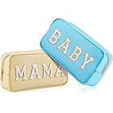 Sanwuta 2 Pieces Mama Gifts Makeup Bag Mom Pouch Birthday Gifts Nylon Cosmetic Bag Mothers Day Appreciation Toiletry Preppy Patch Chenille Letter for Women Her New Mom(Blue, Beige,Baby and Mama)