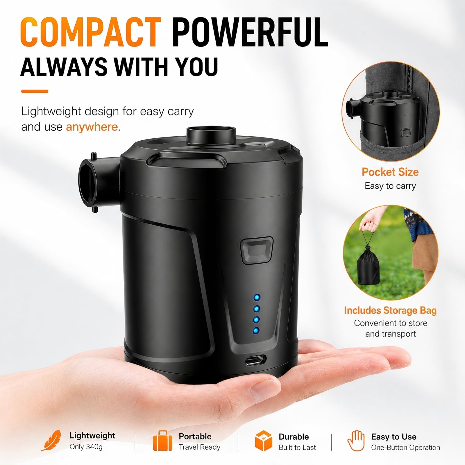 SUPPOU Elektrische Luftpumpe,5200mAh Wiederaufladbare Akku Luftpumpe Planschbecken Pool Kinder,Mini Elektrische Pump Inflator mit 4 Luftdüsen,Schnell Inflator für Schlauchboot und Luftmatratze 6