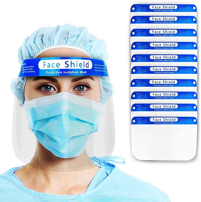 GreatDio (10 PCS 300 Micron Disposable Face Shield with Adjustable Elastic Strap Anti-Splash Single Use Protective Facial Cover Transparent Full Face Visor with Eye & Head Protection