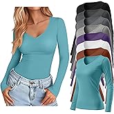 Oakgarden 8 Pack Women's Long Sleeve Shirts Bulk Deep V Neck Slim Fit Tops Casual Knit Basic Fall Tees Multipack