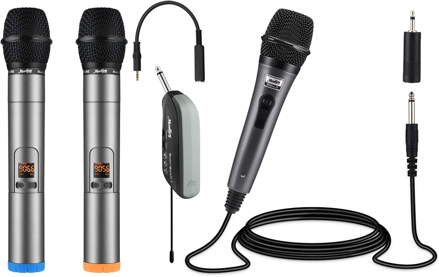 Moukey Dynamic Microphone 2 UHF Wireless Microphone and 1