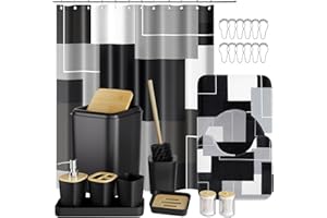 XLHOMO 24PCS Bathroom Sets with Shower Curtain and Rugs,Black Bathroom Accessories Set Waterproof Black and White Shower Curtain Set, Toilet Brush, Trash Can & Bathroom Rug