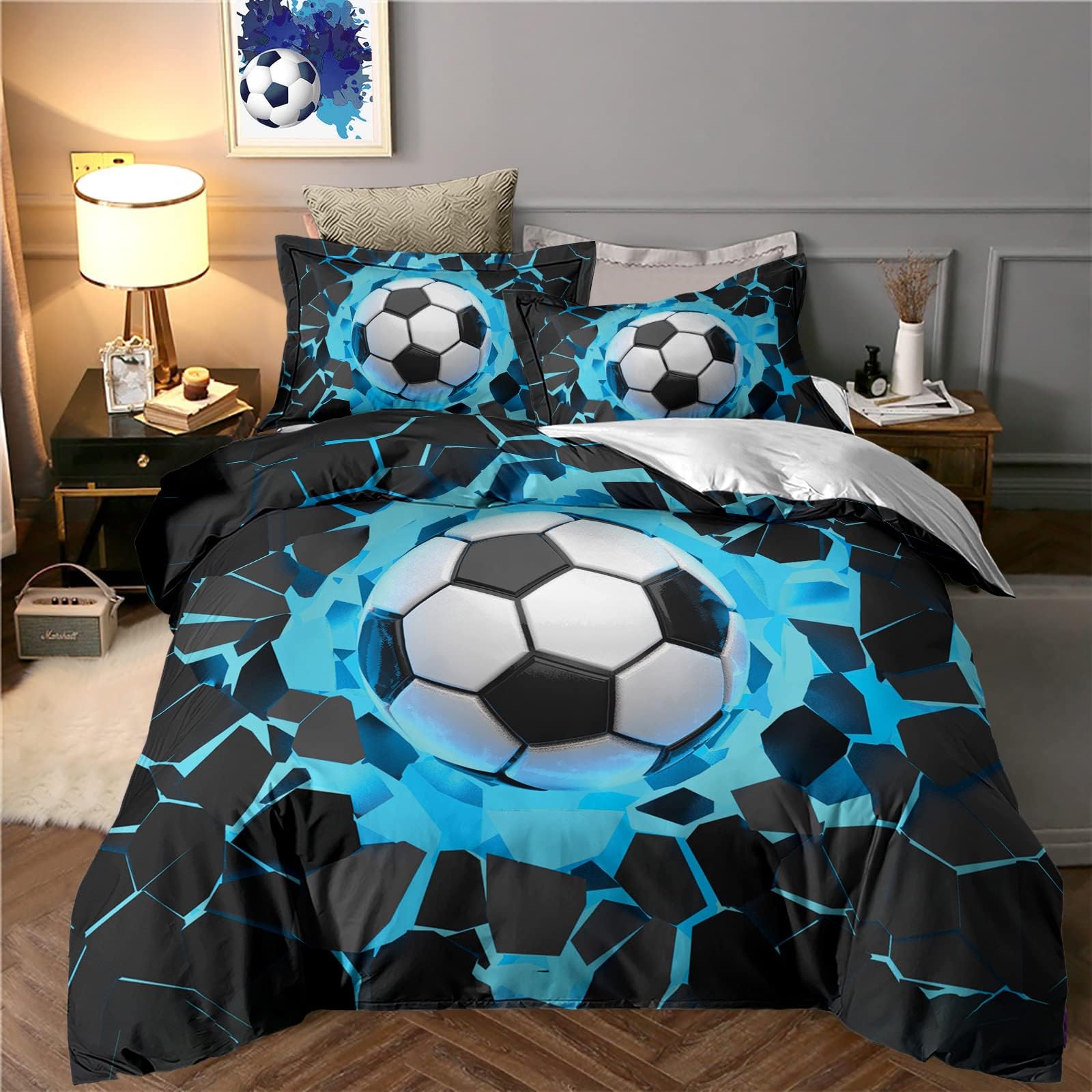 Tabeskly Kids Boys Black White Blue Football Soft Zipper Bed Bedding Duvet Cover Set Double 200×200cm