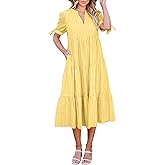 ECOWISH Women Summer Casual Dress - V Neck Short Sleeve Gingham Midi Pleated Tiered Loose Fit Holiday Picnic Dresses