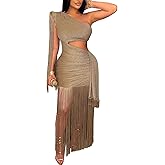 Famnbro Womens Fringe Dress One Shoulder Sleeveless Cutout Bodycon Sexy Cocktail Wedding Party Maxi Dresses