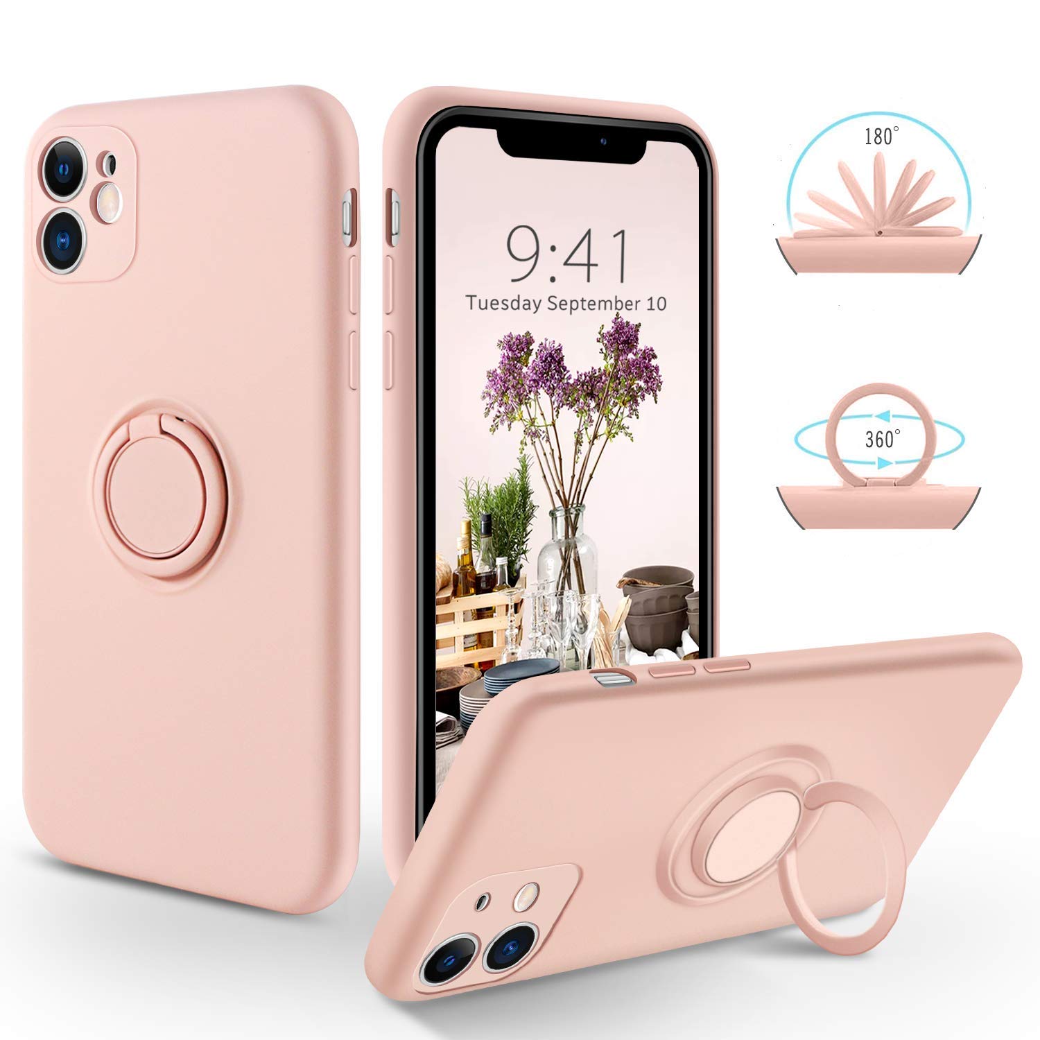 SouliGo for iPhone 11 Case Silicone Gel 360° Ring Holder Kickstand Magnetic Car Mount Slim Fit Soft Rubber Anti-Scratch Protective Shockproof Phone Cover Cases for iPhone 11 6.1" - Pink