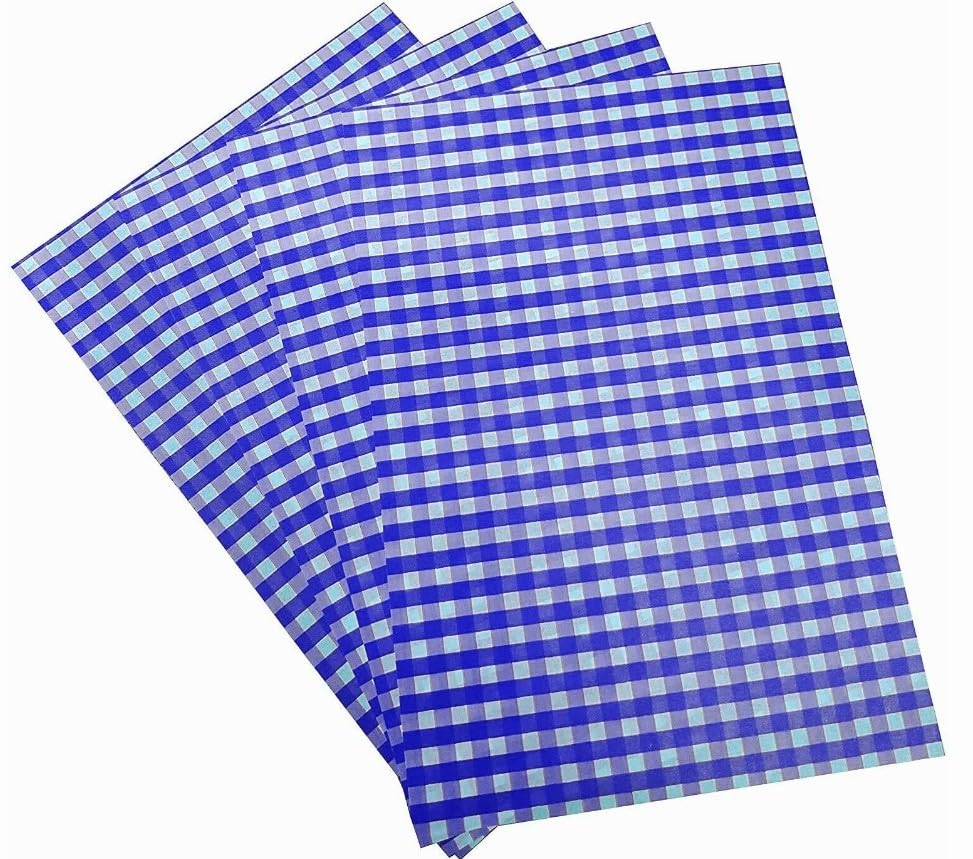 50 X Sheets Quality Gingham Duplex GREASEPROOF Papers Chips Basket Liners (Blue Gingham)