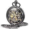TREEWETO Mens Mechanical Pocket Watch Dream Dragon Skeleton Half Hunter Double Open Silver/Bronze/Black Case for Man