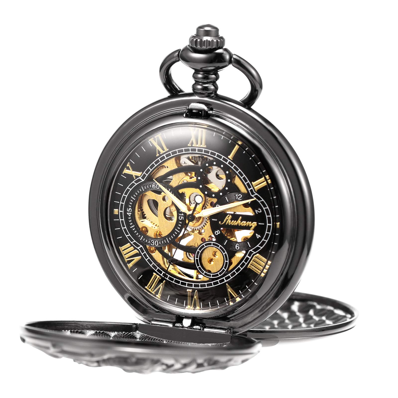 TREEWETO Mens Mechanical Pocket Watch Dream Dragon Skeleton Half Hunter Double Open Silver/Bronze/Black Case for Man, Black case with gold dial, Mechanical