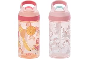 Zak Designs Atlantic Kids Water Bottle For School or Travel, 16oz Durable Plastic Water Bottle With Straw, Handle, and Leak-Proof, Pop-Up Spout Cover, 2-Pack (Fanciful Unicorn and Happy Fruit)