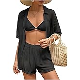 Milumia Women's 2 Piece Cover Ups Set Short Sleeve Open Front Hollow Out Swimsuit Coverup with Shorts