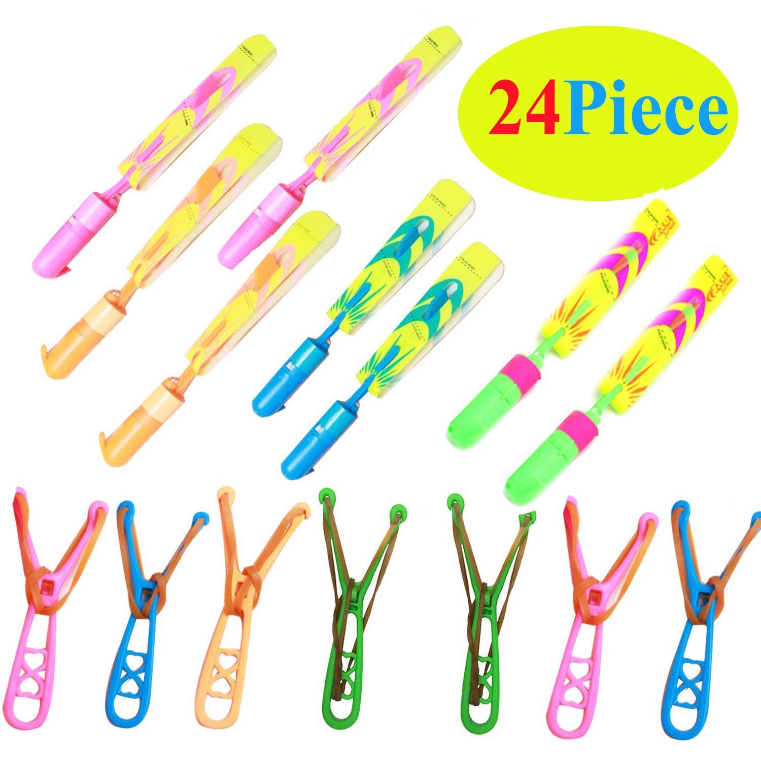 LEEHUR Toys for 6 Year Olds Boys 24pcs Light up Rocket Slingshot LED Rocket Copters Arrow Helicopter Glow in the Dark Party Supplies Birthday Class Prizes Easter Egg Fillers Basket Stuffers Goodie Bag