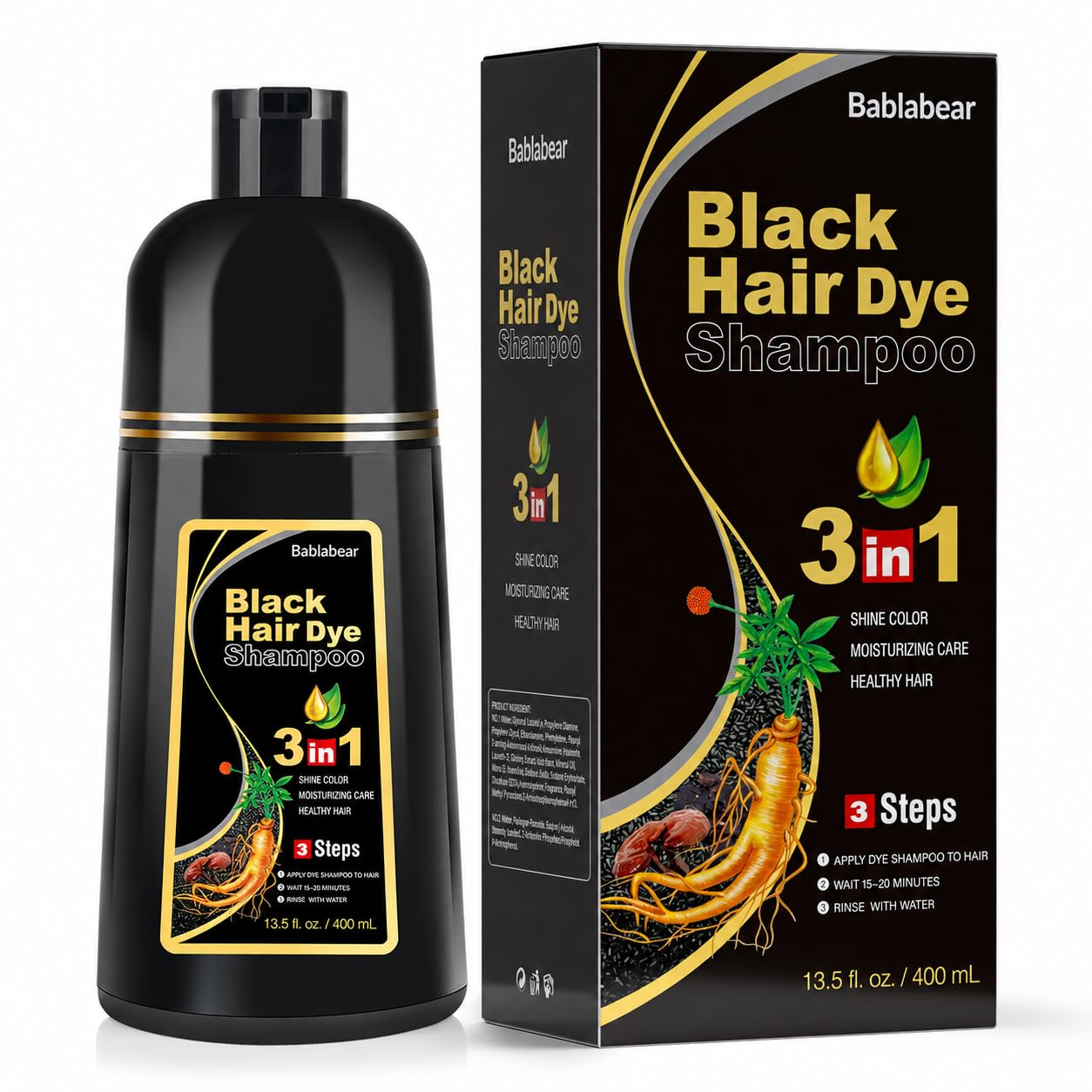 Bablabear Black Hair Dye Shampoo for Gray Hair,Hair Color Shampoo for Women and Men, Grey Coverage.
