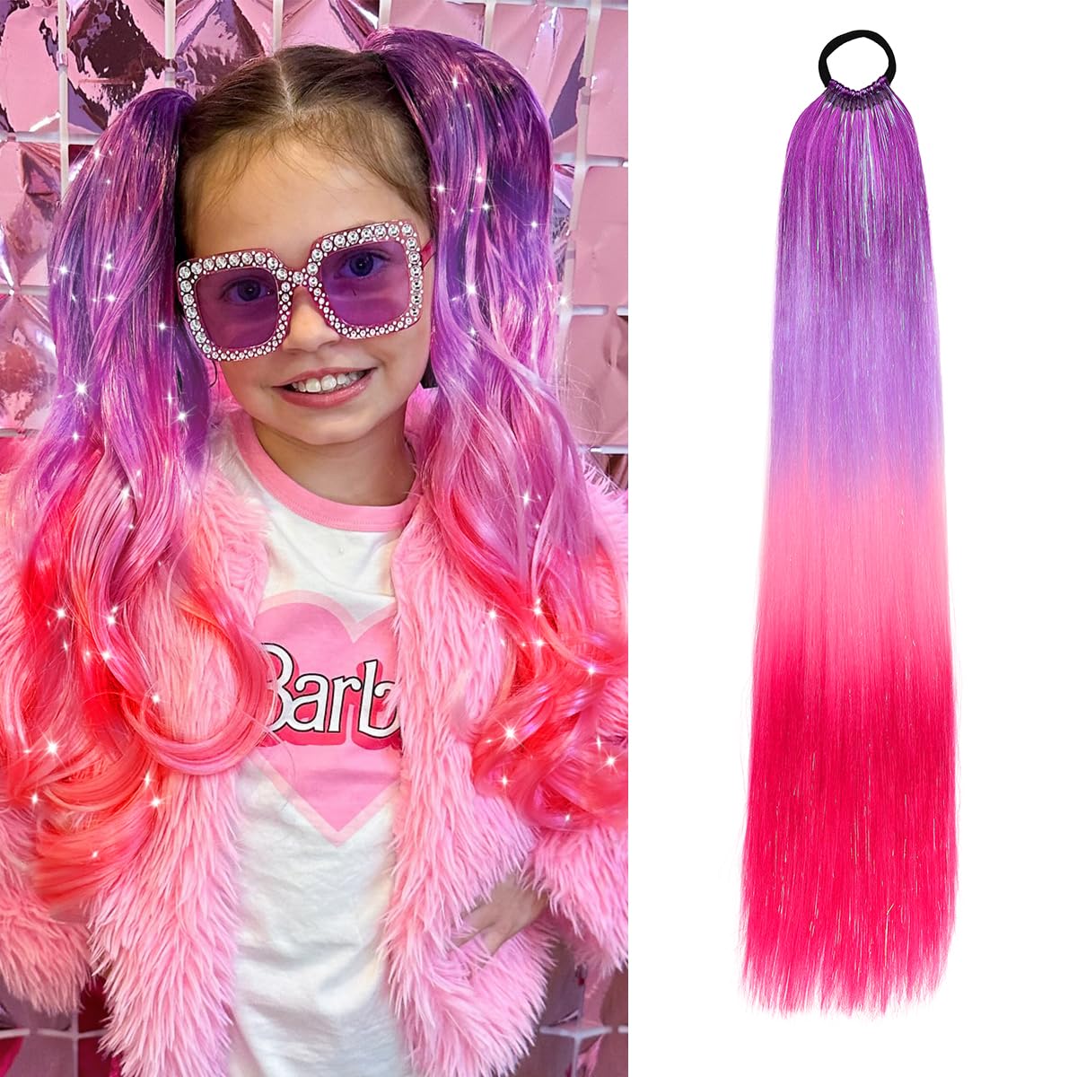 Rainbow Ponytail Extensions with Hair Tie 1 Packs 100g Coloured Hair Extensions for Braiding 26 inch Colorful Ombre Mermaid Pony Tail Synthetic Hair Extensions for Girl Women(#4-16)