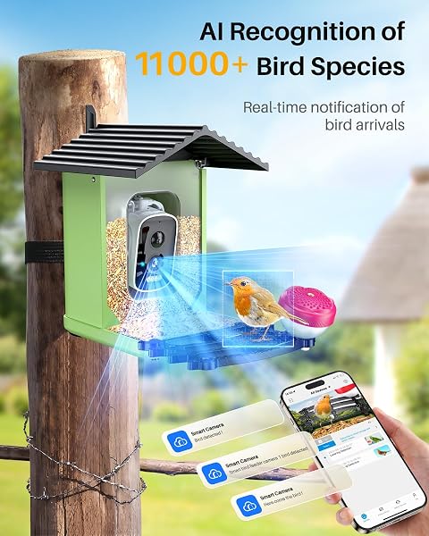 OPOWO BIRD FEEDER WITH CAMERA, 2K HD AI IDENTIFY SMART BIRD HOUSE CAMERA WITH SOLAR POWERED, LIVE VIEW, INSTANT ARRIVAL ALERTS, AUTO CAPTURE VIDEO FOR OUTSIDE, SUPPORTS 2.4GHZ WI-FI ONLY, BRIGHT GREEN
