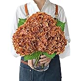 JINWOE Fall Hydrangea Artificial Flowers, 3Pcs 21" Raw Umber Brown Latex Real Touch Flowers, Faux Silk Flowers Fake Artificial Hydrangeas with Stems for Bouquet Table Centerpieces Halloween