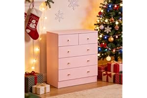 Karl home Pink 5 Drawer Dresser for Bedroom, Modern Wood Dresser Chest of Drawers, Pink Bedroom Dressers for Girls, Anti-Tipping Device, Rose Gold Metal Handle, Living Room, Entryway, Hallway, Office