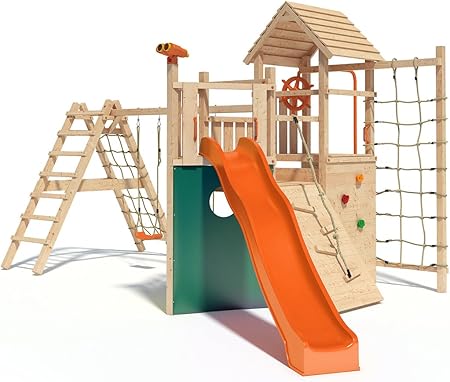 Isidor Holzbau Kon Tiki Neo Spielturm Kletterturm Baumhaus Mit Schaukel Rutsche Kletternetz Rutschstange Uvm Erweiterter Schaukelanbau Amazon De Garten