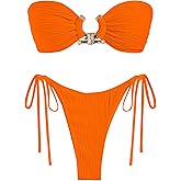 ZAFUL Women Bikini Sets Ribbed Textured Metal Two Piece Adjustable Tie Back Bandeau Bathing Suit Tie Side High Cut Swimsuit