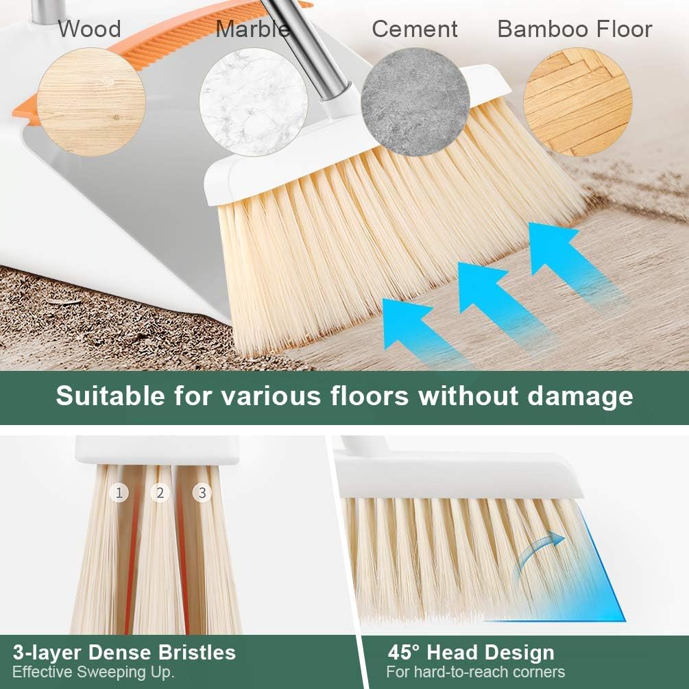 PRETTY SEE Broom and Dustpan, Broom and Dustpan Set with Floor Squeegee , Stainless Steel Long Handle and Lightweight Lobby Broom Combination, Vertical Dustpan, Very Suitable for Home: Garden & Outdoor
