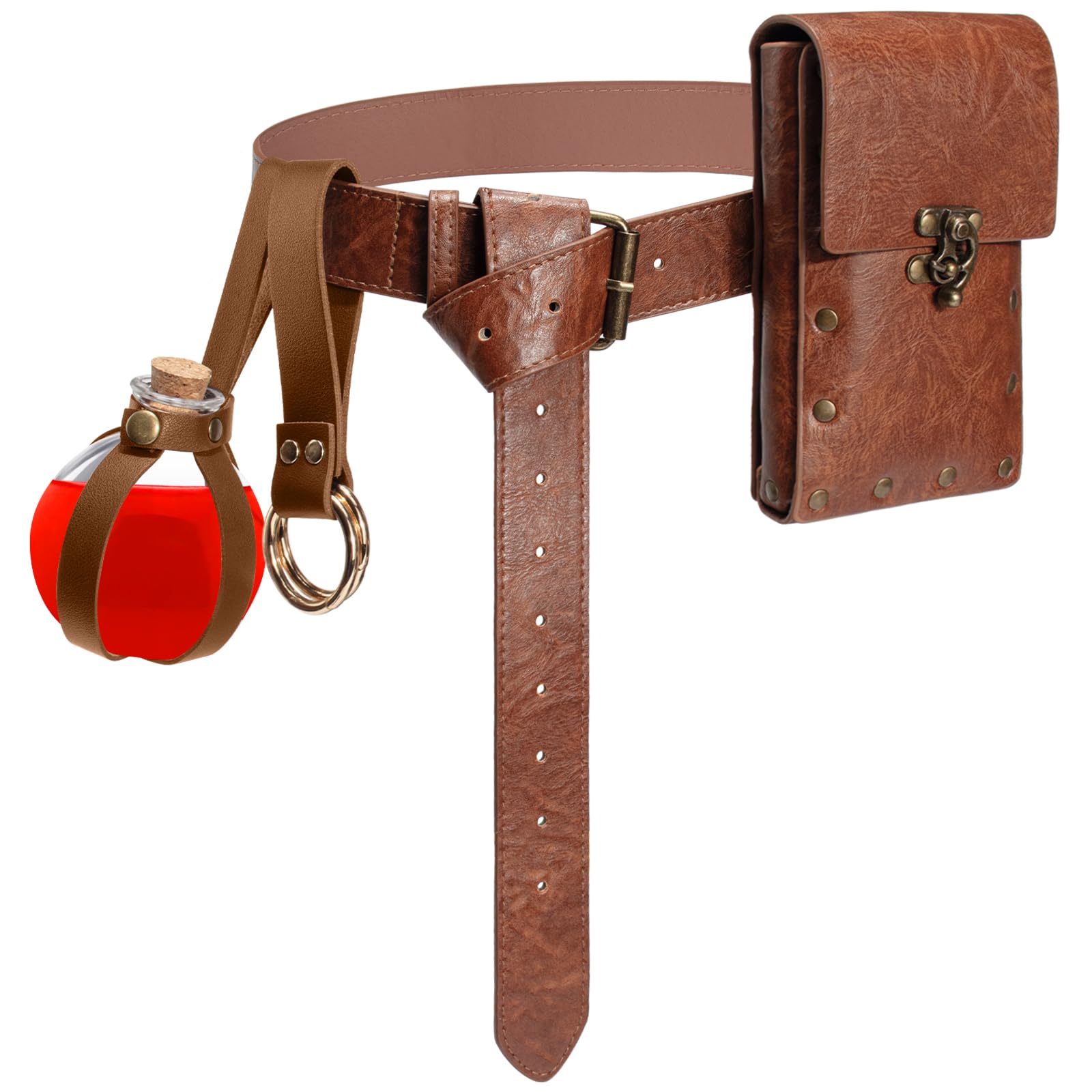 Geebuzz 4 Pcs Renaissance Belt Pouch Cork Potion Bottle Skirt Hike Set Medieval Ren Faire Costume Accessories for Halloween (Brown)