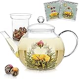 Stovetop & Microwave Safe Teapot (40 oz) with Removable Loose Tea Infuser - Includes 2 Blooming Teas - 2-in-1 Kettle and Tea
