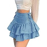 Sunidol Womens Gothic Skirt Y2k 2000s Girl Mall Goth Punk Skirts High Waist Lace-Up Ruffle Fairy Grunge Mini Skirts