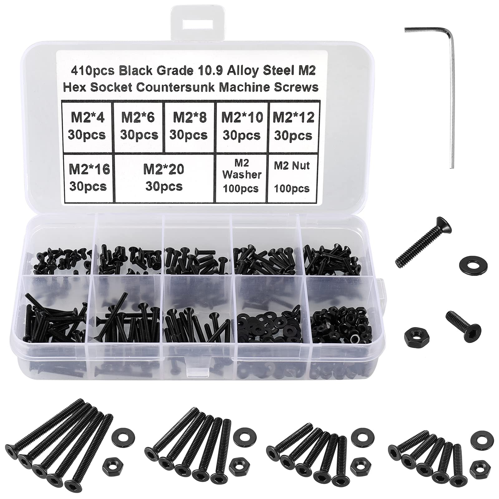 FandWay 410Pcs M2 Bolts and Nuts Set,Countersunk Machine Screws, DIN 7991 Allen Screws,Black Bolts and Washers Set 10.9 Grade Alloy Steel Fully Threaded With 1 Allen Key.